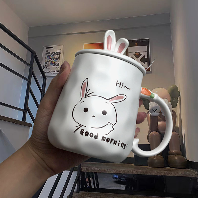 Cute Cartoon Rabbit Coffee Mug with Lid and Spoon - Perfect for Couples and Gifts