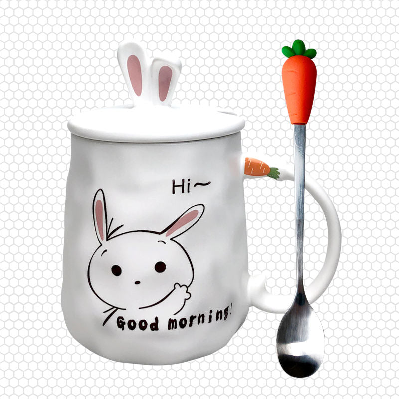 Cute Cartoon Rabbit Coffee Mug with Lid and Spoon - Perfect for Couples and Gifts